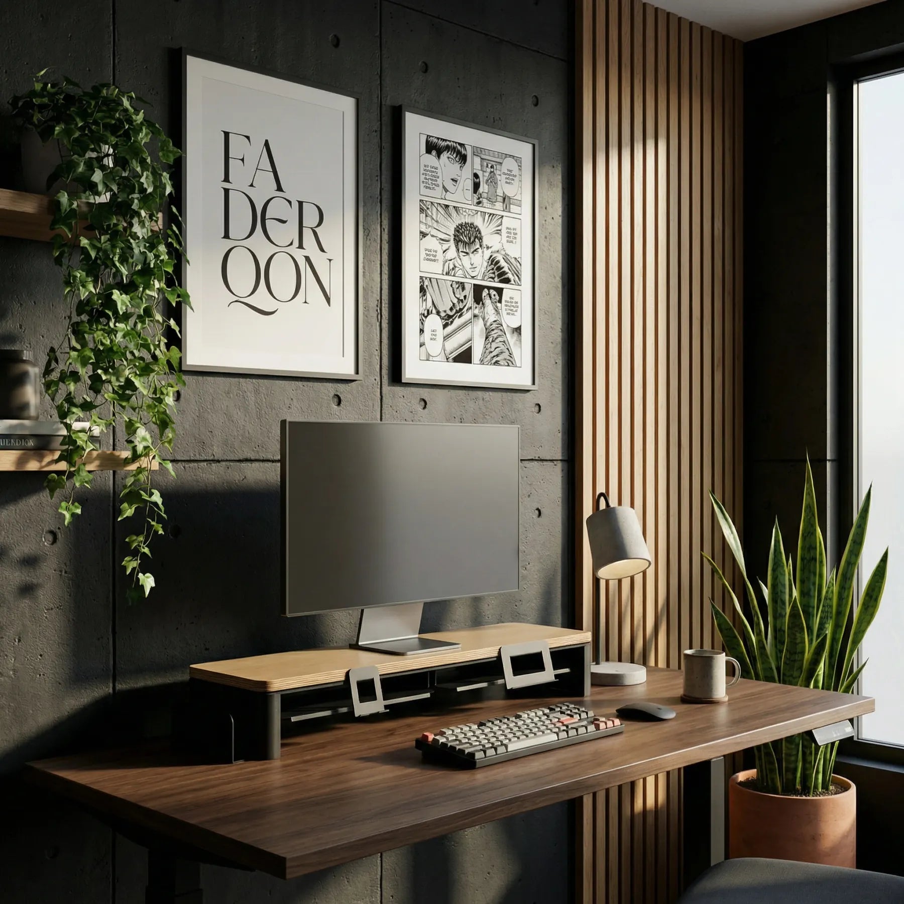 Designový pracovní stůl MODECK pro home office s monitorem, úložnými doplňky a dřevěnými lamelami.