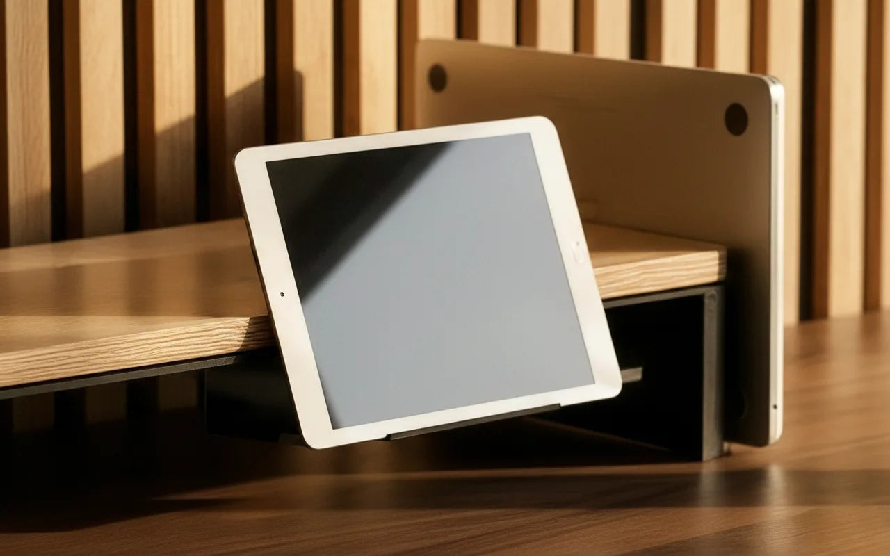 Držák na tablet MODECK zasunutý do lišty pracovního stolu pro tvůrce obsahu a efektivní workflow.